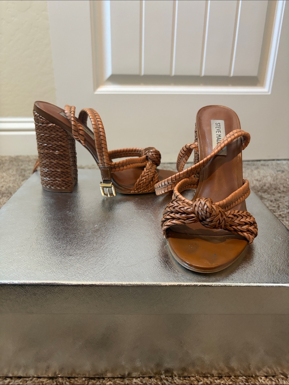 Steve Madden Tan Braided Leather Block Heel Sandals